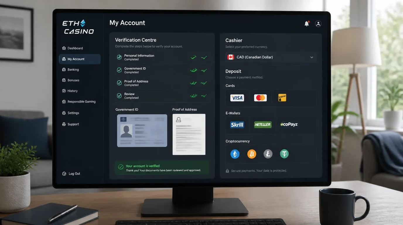 Casino account screen showing ID and address verification beside secure deposit options