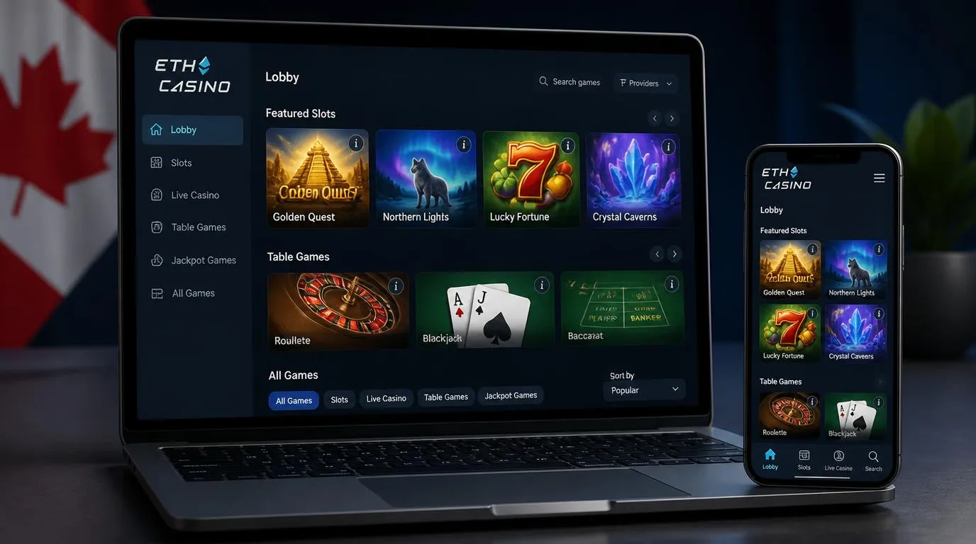 Casino lobby on a laptop showing slot thumbnails and digital table game categories