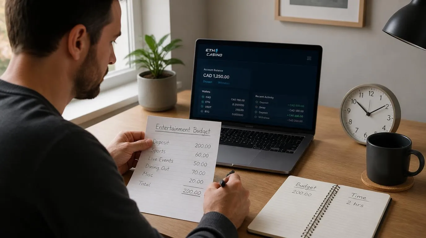 Canadian player reviewing a crypto entertainment budget beside a laptop