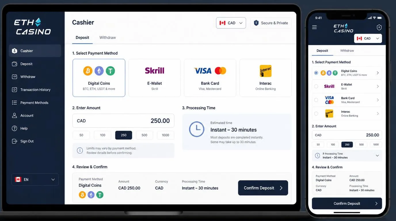 Canadian casino cashier showing crypto, e-wallet, card and Interac payment options with CAD limits