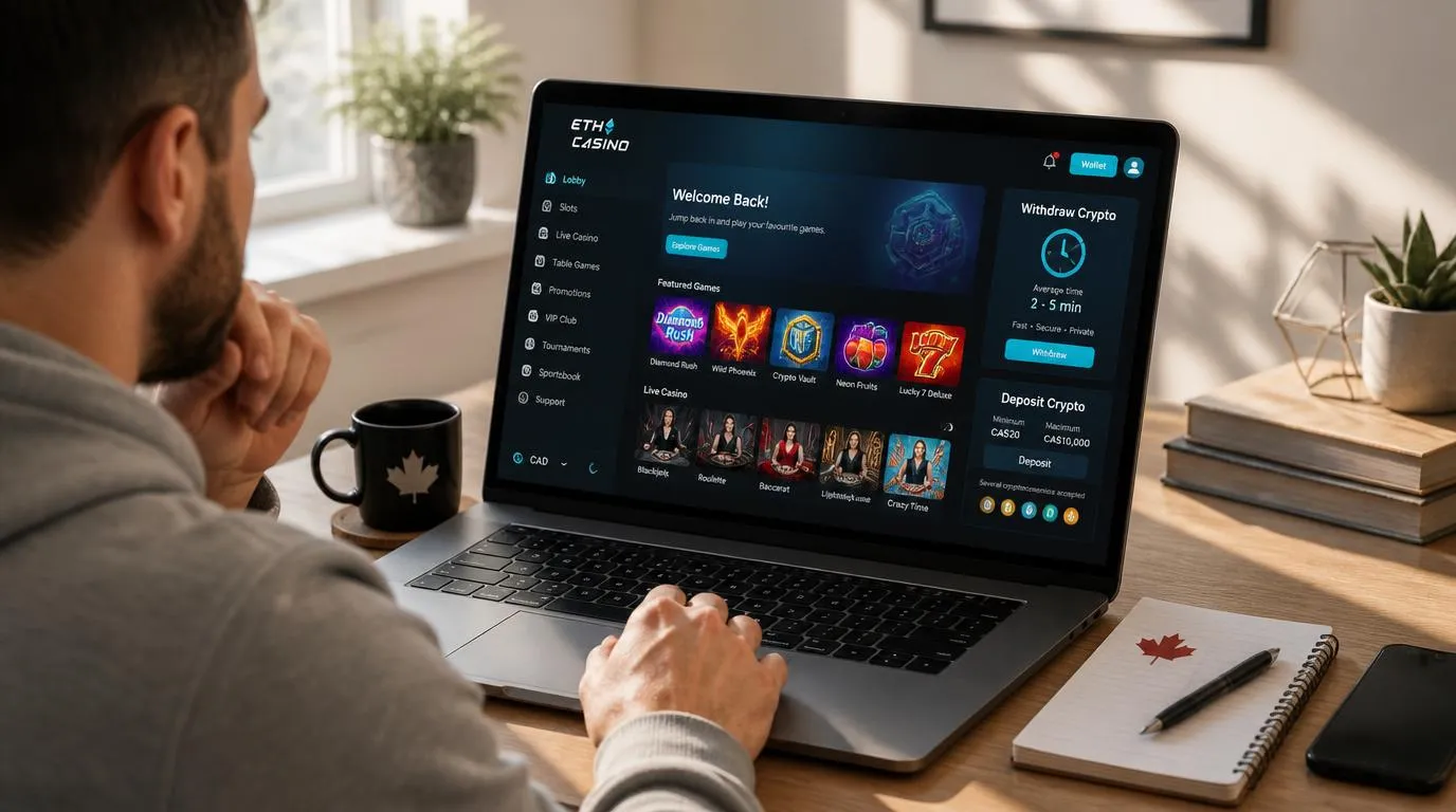 Canadian player viewing casino games, crypto withdrawal details and deposit terms on a laptop